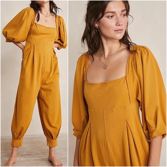 Free People Lotta Love Yellow Baggy Casual Princess Cinched Pleated Jumpsuit - Picture 10 of 10